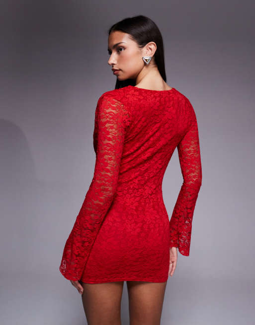 Kaiia exclusive lace cowl neck flare sleeve bodycon mini dress in red, 4 of 4