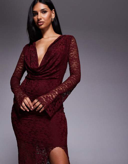Kaiia exclusive lace cowl neck flare sleeve thigh split maxi dress in burgundy, 2 of 4