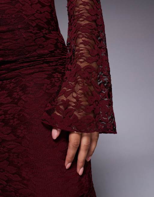 Kaiia exclusive lace cowl neck flare sleeve thigh split maxi dress in burgundy, 3 of 4