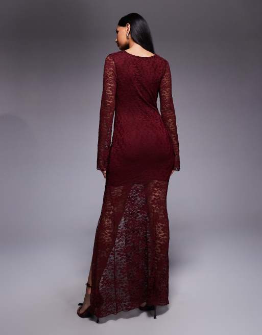 Kaiia exclusive lace cowl neck flare sleeve thigh split maxi dress in burgundy, 4 of 4