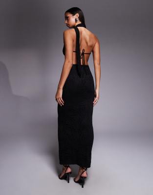 Kaiia Exclusive Lace Deep Cowl Neck Open Tie Back Drape Waist Detail Maxi Dress In Black