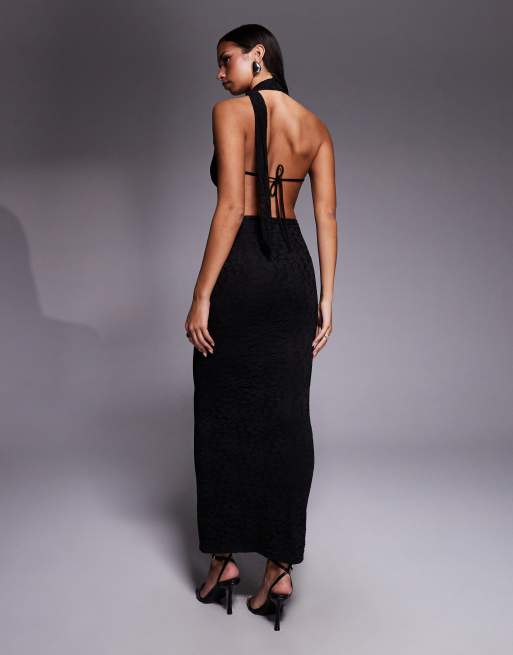 Kaiia exclusive lace deep cowl neck open tie back drape waist detail maxi dress in black, 2 of 4