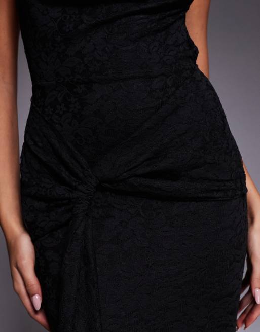 Kaiia exclusive lace deep cowl neck open tie back drape waist detail maxi dress in black, 4 of 4
