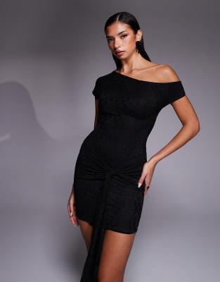 Kaiia Exclusive Lace Off Shoulder Drape Waist Detail Mini Dress In Black
