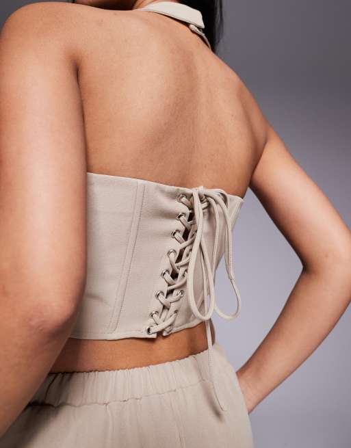 Kaiia exclusive lace up back halterneck top co-ord in stone, 4 of 4