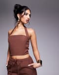 [Kaiia] Kaiia exclusive lace up back halterneck top in chocolate (part of a set)-Brown 6 BROWN