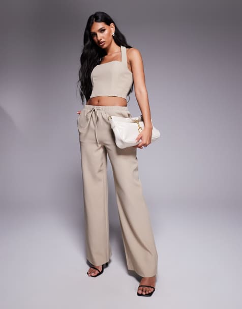 Kaiia exclusive lace up back halterneck top in stone - part of a set - view 1