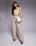 [Kaiia] Kaiia exclusive lace-up back halterneck top in stone (Part of a set)-Neutral 4 STONE
