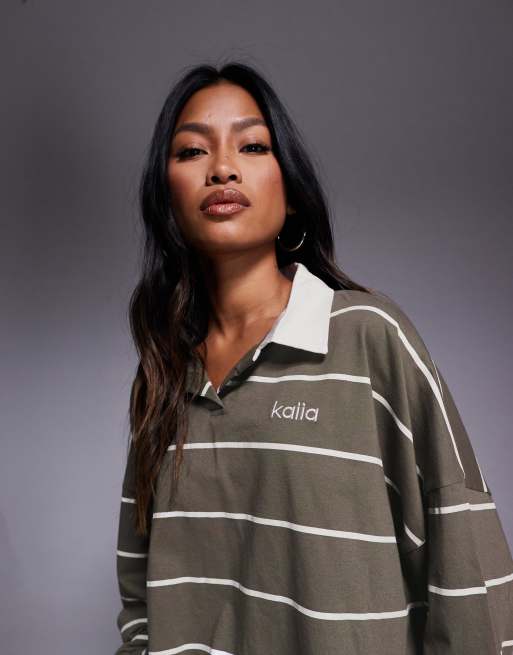 Kaiia – Exclusive – Langärmliges Rugby-Oberteil in Khaki mit Oversize-Schnitt und hohem Baumwollanteil  , 4 von 4