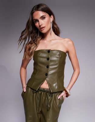 exclusive leather look button up bandeau top in green - part of a set