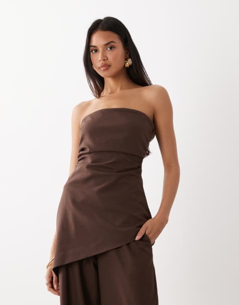 Kaiia exclusive linen blend asymmetric bandeau top in brown - part of a set - view 1