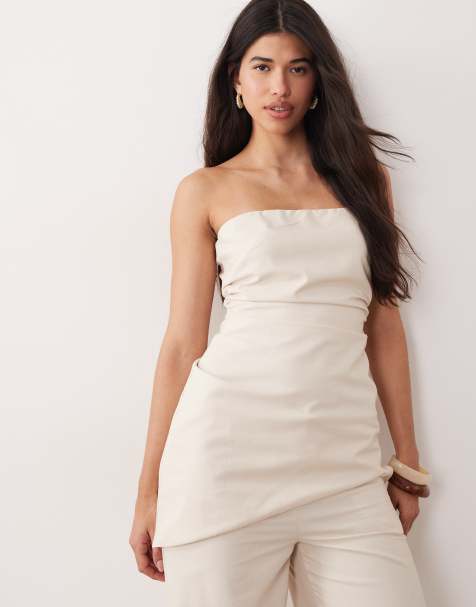 Kaiia Exclusive linen blend asymmetric bandeau top in natural - part of a set - view 1