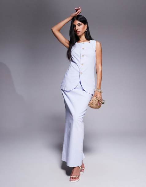 Kaiia exclusive linen blend back split maxi skirt in dusty blue (part of a set) - view 1