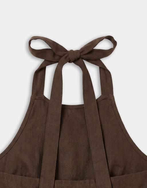 Kaiia exclusive linen blend halterneck ruched side detail mini dress in brown, 7 of 7