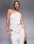 [Kaiia] Kaiia exclusive linen blend one shoulder tie waist scarf hem top in beige pinstripe (part of a set)-Multi 18 Beige Stripe