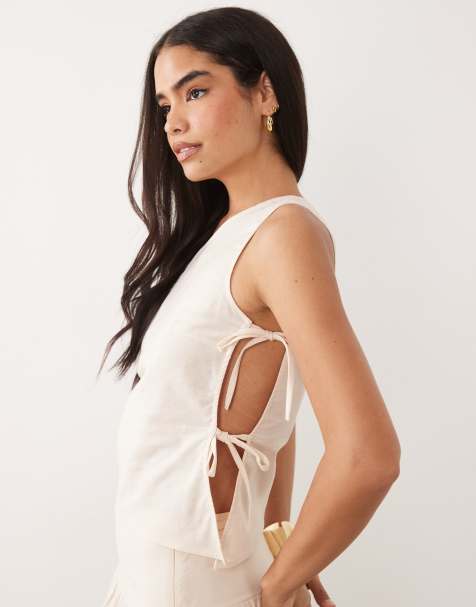Kaiia exclusive linen blend open tie side detail asymmetric shoulder top in beige - part of a set - view 1