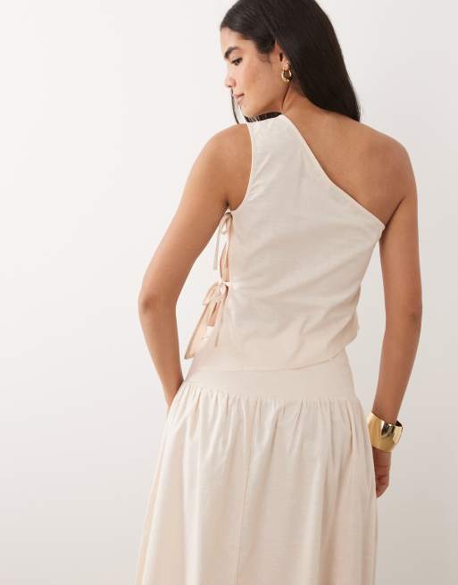 Kaiia exclusive linen blend open tie side detail asymmetric shoulder top in beige - part of a set, 4 of 4
