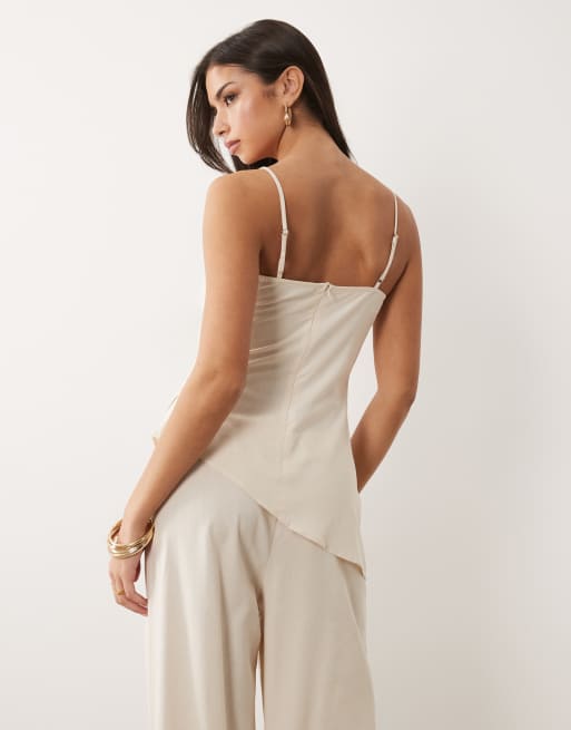 Kaiia exclusive linen blend square neck gathered asymmetric longline top co-ord in cream, 3 of 4