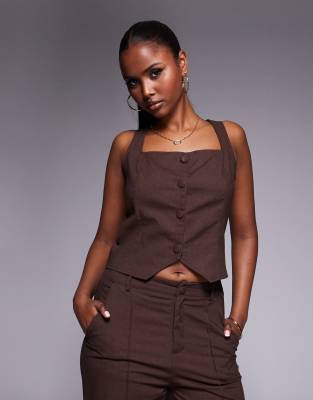 Kaiia exclusive linen blend square neck waistcoat top in chocolate brown (part of a set)  