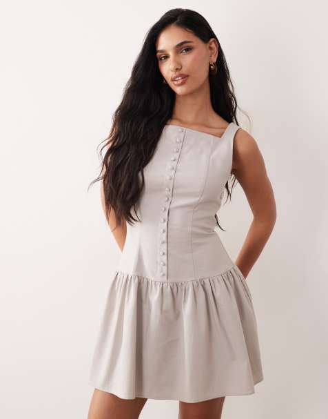 Kaiia exclusive linen-blend square neckline button detail mini dress in grey - view 1