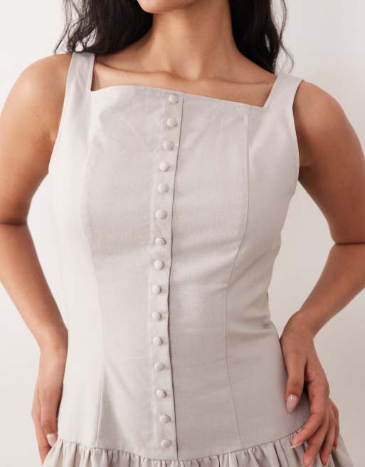 Kaiia exclusive linen blend square neckline button detail mini dress in grey, 3 of 4