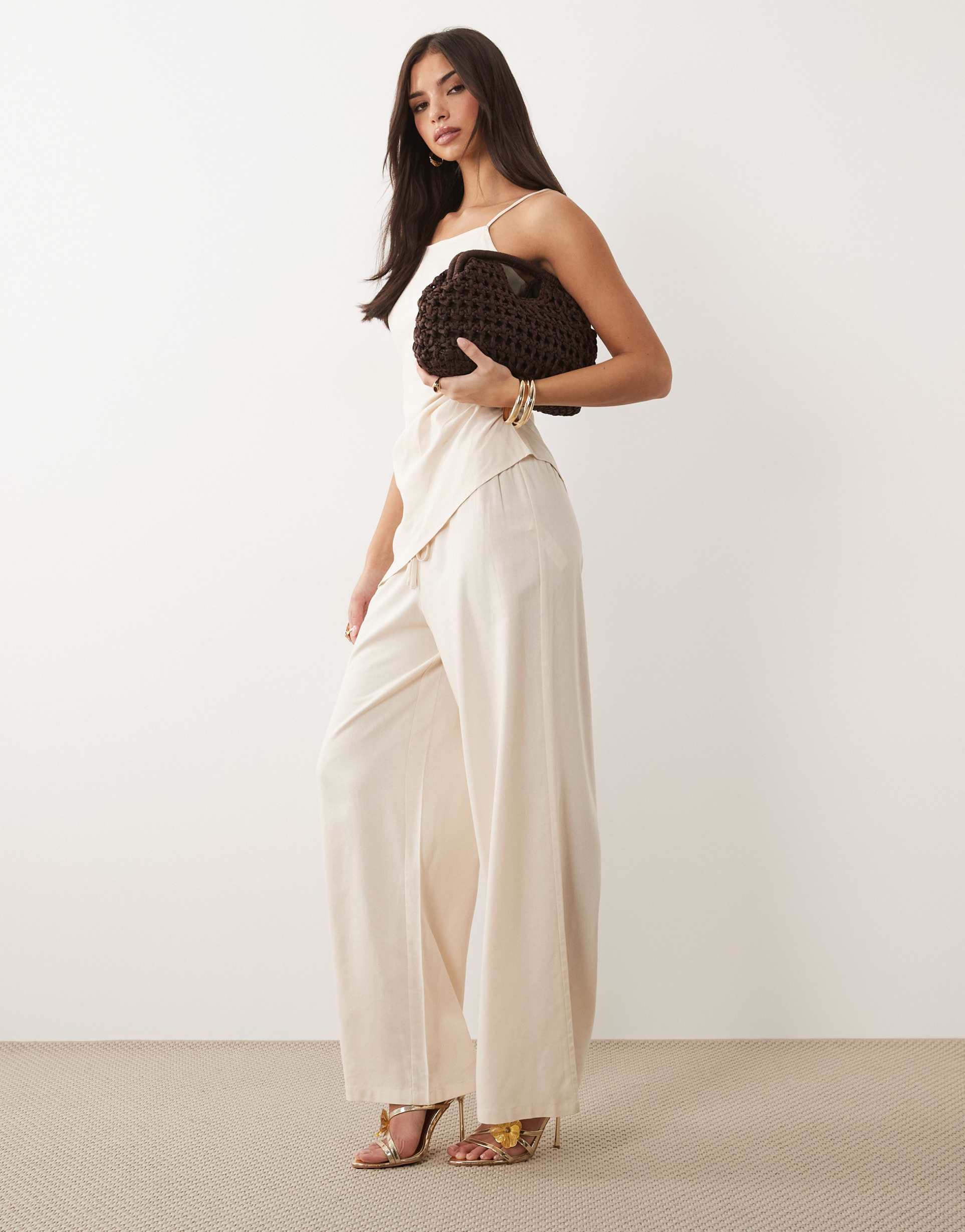 kaiia exclusive linen blend wide leg pants in cream - part of a set