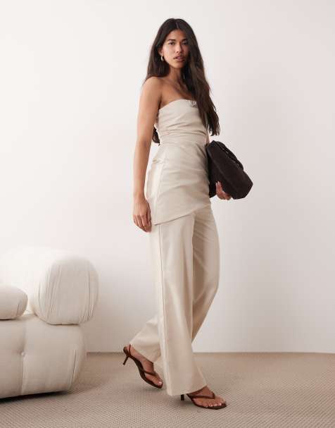 Kaiia exclusive linen blend wide leg pants in natural - part of a set - view 1