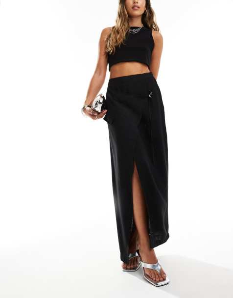 Kaiia exclusive linen look buckle detail maxi skirt in black - part of a set - view 1