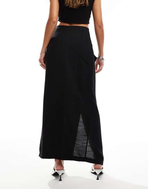 Kaiia exclusive linen look buckle detail maxi skirt in black, 4 of 5
