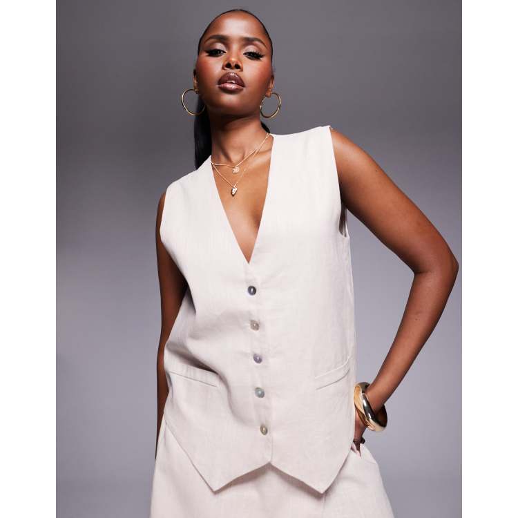Kaiia exclusive linen look button up oversized vest top in stone