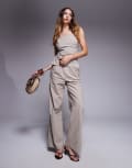 [Kaiia] Kaiia exclusive linen look halter square neck ruched detail top in coffee (part of a set)-Brown 18 Coffee