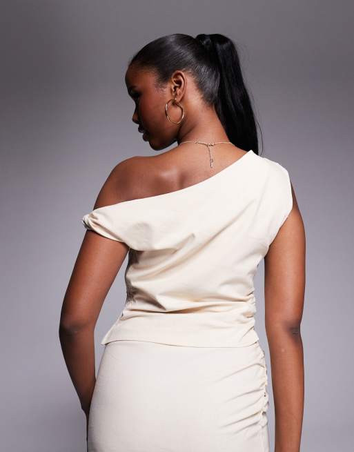 Kaiia exclusive linen look off shoulder twist detail top co-ord in cream  , 2 of 4