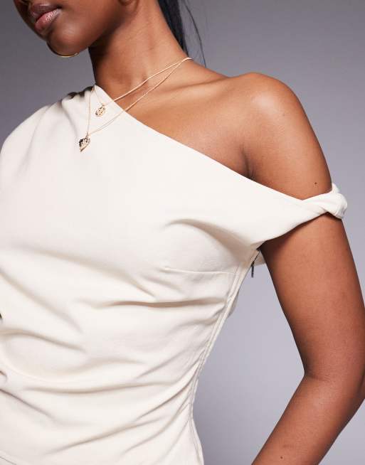 Kaiia exclusive linen look off shoulder twist detail top co-ord in cream  , 3 of 4