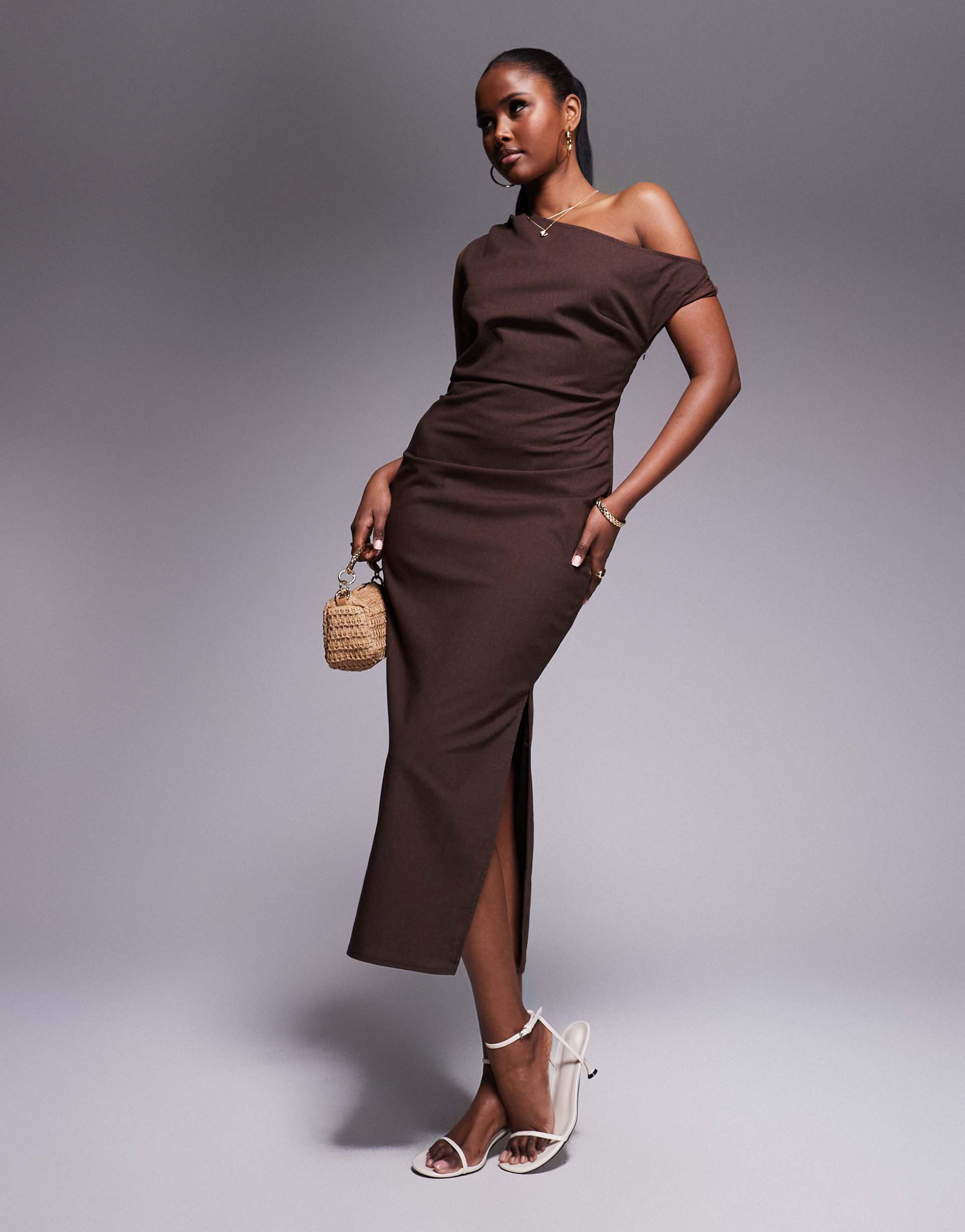 kaiia exclusive linen look off the shoulder twist detail midi dress in chocolate brown