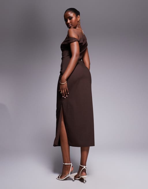 Kaiia linen look off the shoulder twist detail midi dress in chocolate brown