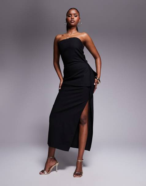 Kaiia exclusive linen look side split tie detail midaxi skirt in black (part of a set) - view 1