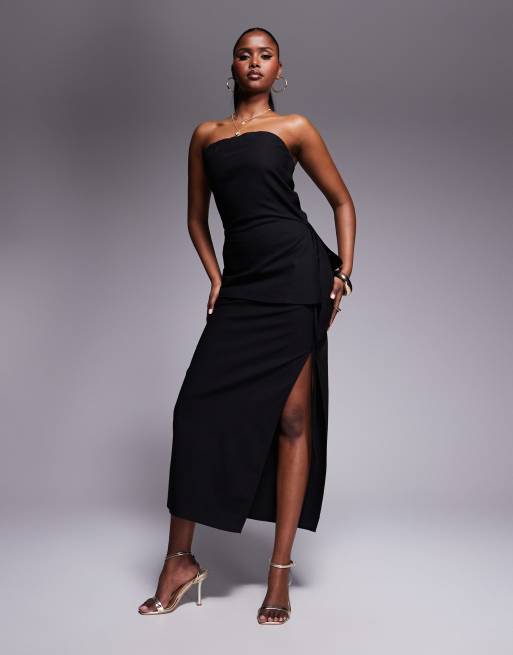Kaiia exclusive linen look side split tie detail midaxi skirt in black (part of a set) 