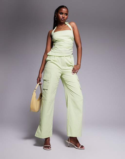 Kaiia exclusive linen look square halterneck drape detail asymmetric top co-ord in apple green  , 4 of 4