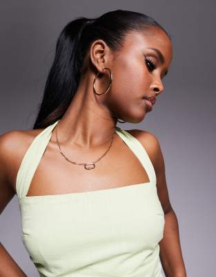 Kaiia Exclusive Linen Look Square Halterneck Drape Detail Asymmetric Top In Green