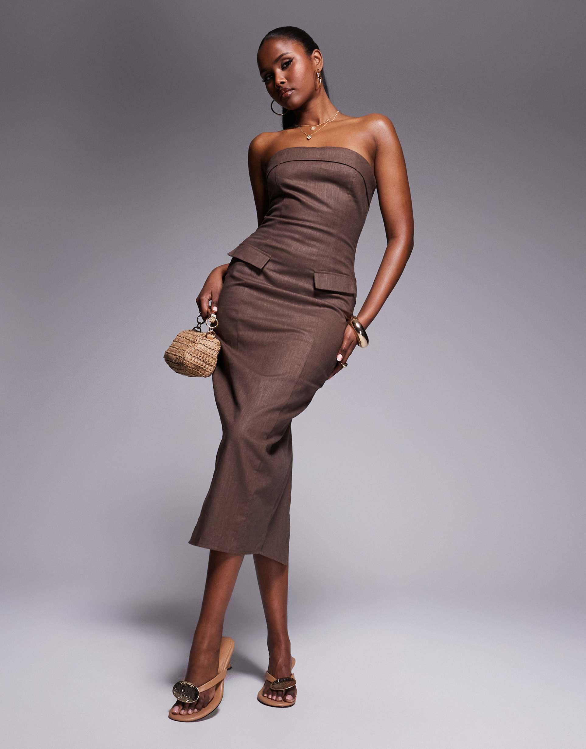 kaiia exclusive linen look tailored fold over bandeau pocket detail midaxi dress in chocolate brown