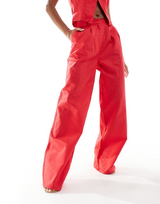 Kaiia exclusive linen look tailored wide leg pants in red - part of a set  , 2 of 5