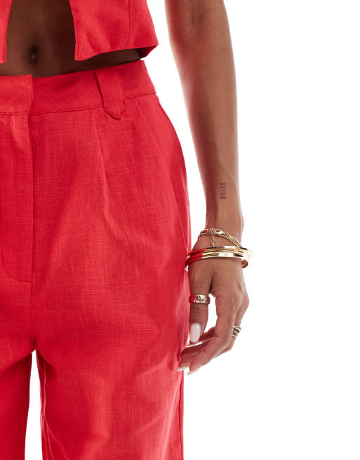 Kaiia exclusive linen look tailored wide leg pants in red - part of a set  , 3 of 5