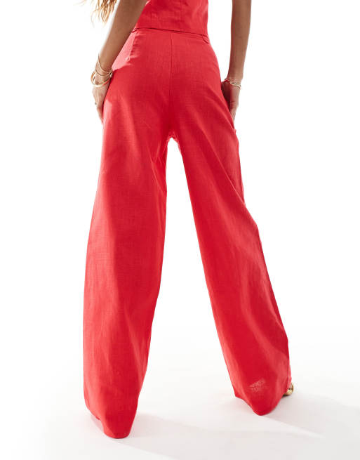 Kaiia exclusive linen look tailored wide leg trouser co-ord in red  , 5 of 5