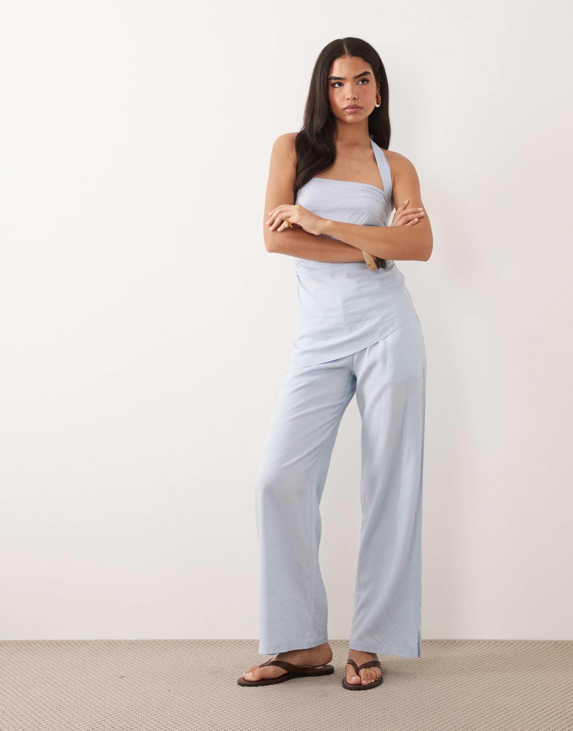 kaiia exclusive linen look wide leg pants in light blue - part of a set