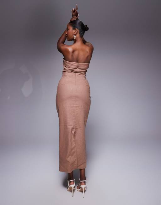 Kaiia exclusive linen mix tailored fold over bandeau back split maxi dress in brown, 4 of 4