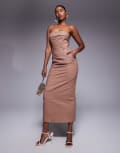 [Kaiia] Kaiia exclusive linen tailored fold over bandeau back split maxi dress in brown 4 BROWN