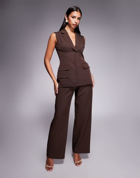 Kaiia exclusive longline tailored collar detail vest top and wide leg pants set in brown - view 1