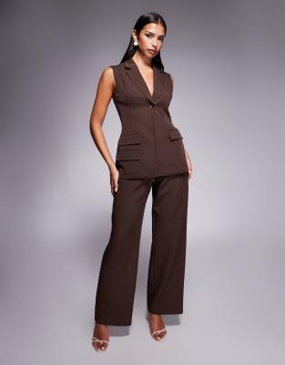 Kaiia Exclusive Longline Tailored Collared Pocket Detail Sleeveless Waistcoat Top Co-ord In Brown