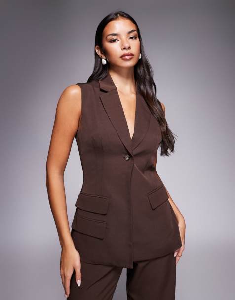 Kaiia exclusive longline tailored collared pocket detail sleeveless waistcoat top in brown (Part of a set) - view 1