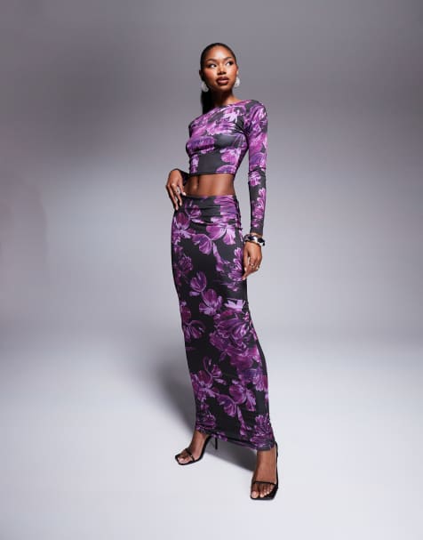 Kaiia exclusive low back slinky long sleeve top and maxi skirt co-ord in purple print - view 1